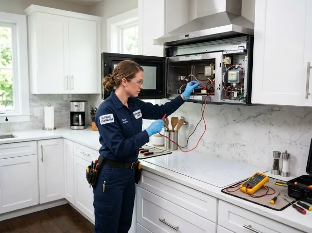 Appliance Repair Hero technician testing an over-the-range microwave in a Bell, CA kitchen